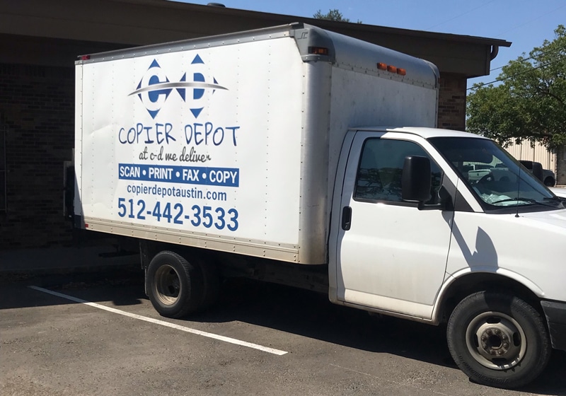 the Copier Depot truck parked outside the Austin office